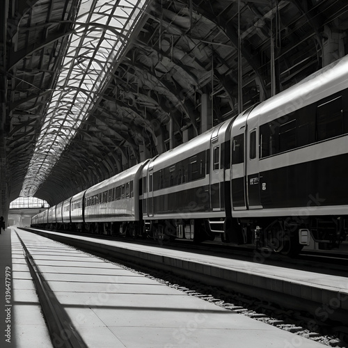 Train at a Grand Railway Station (Black and White)