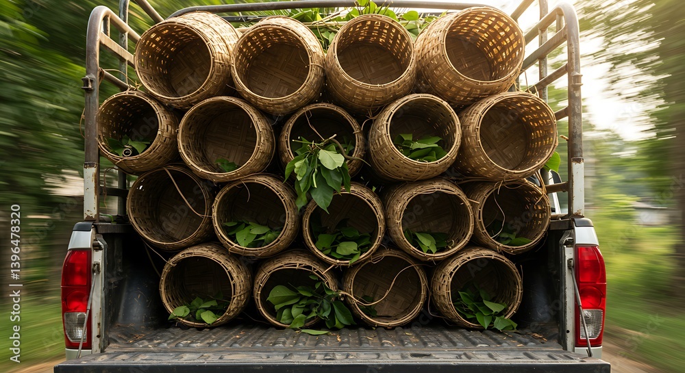 Baskets Filled with Green Leaves on Moving Truck Bed Baskets Filled with Green Leaves on Moving Truck Bed