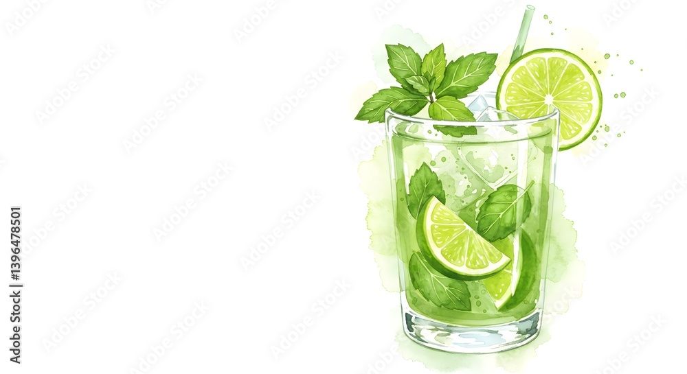 Mojito - Refreshing lime and mint drink in a glass with ice and a straw. A summer beverage, drawn in a watercolour style against a white backdrop Mojito - Refreshing lime and mint drink in a glass with ice and a straw. A summer beverage, drawn in a watercolour style against a white backdrop
