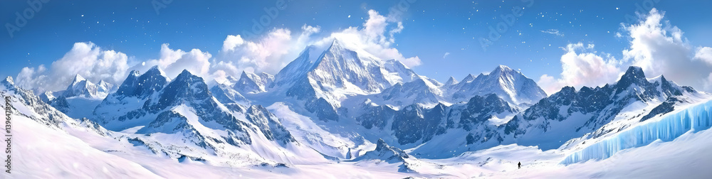Obraz premium Breathtaking panoramic view of majestic snow-capped mountains under a clear blue sky, showcasing nature's serene beauty and grandeur.