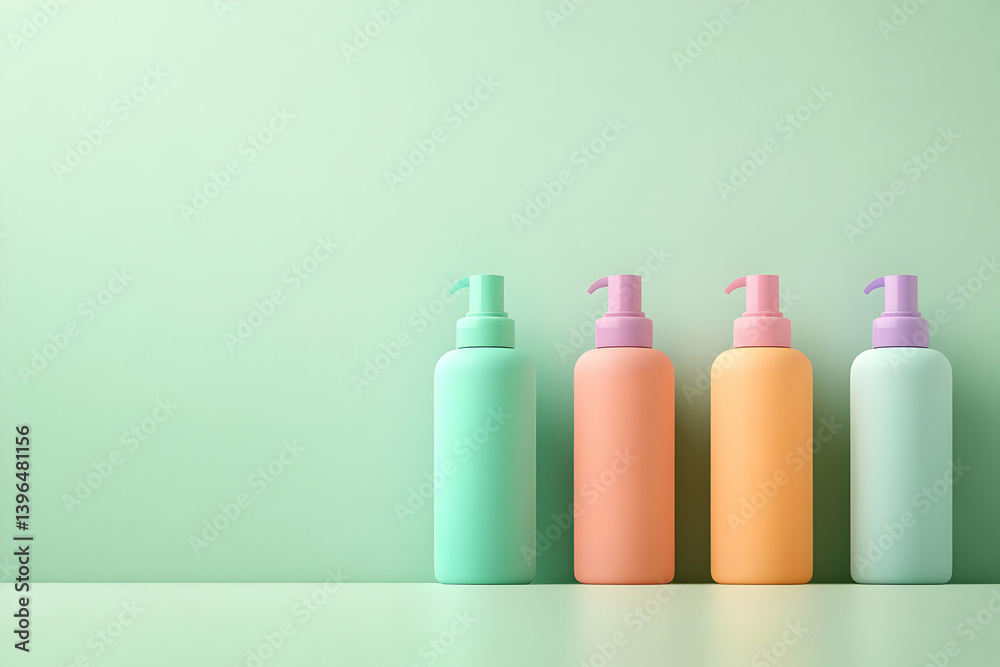 Four colorful cosmetic bottles arranged on a soft green background, perfect for beauty product marketing and packaging design. Four colorful cosmetic bottles arranged on a soft green background, perfect for beauty product marketing and packaging design.
