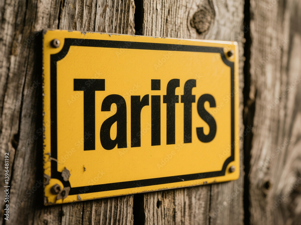 Tariffs yellow warning sign on weathered wood