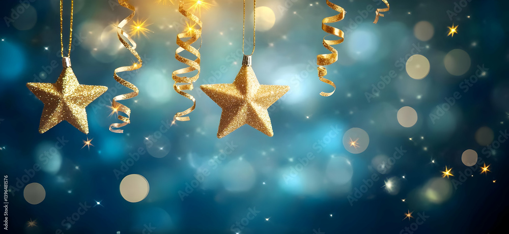 Golden stars and shimmering ribbons hang against a vibrant blue background, creating a festive and magical atmosphere for celebrations. Golden stars and shimmering ribbons hang against a vibrant blue background, creating a festive and magical atmosphere for celebrations.