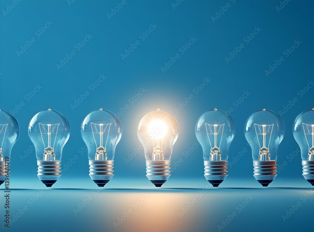 Illuminated light bulb among dim bulbs, symbolizing innovation and creativity in technology and ideas. Illuminated light bulb among dim bulbs, symbolizing innovation and creativity in technology and ideas.