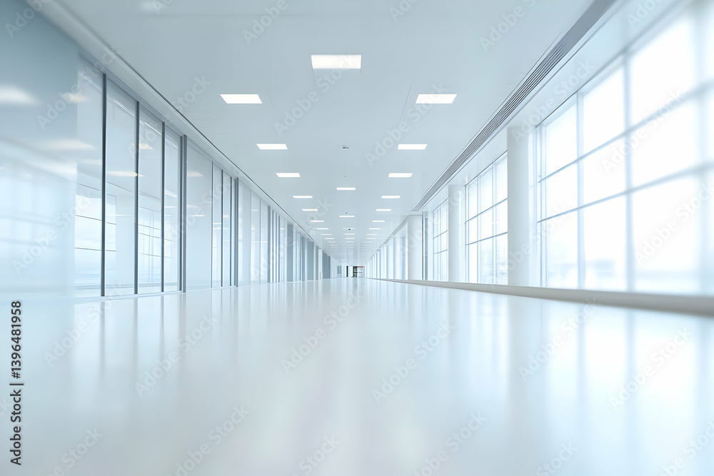 Obraz premium Modern, spacious hallway with large windows, bright lighting, and minimalist design, showcasing contemporary architecture.