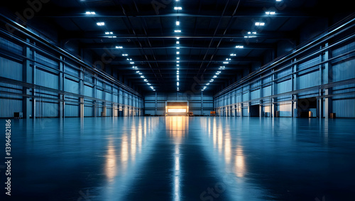 Spacious industrial warehouse interior with polished floor and blue lighting, ideal for showcasing modern manufacturing environments.