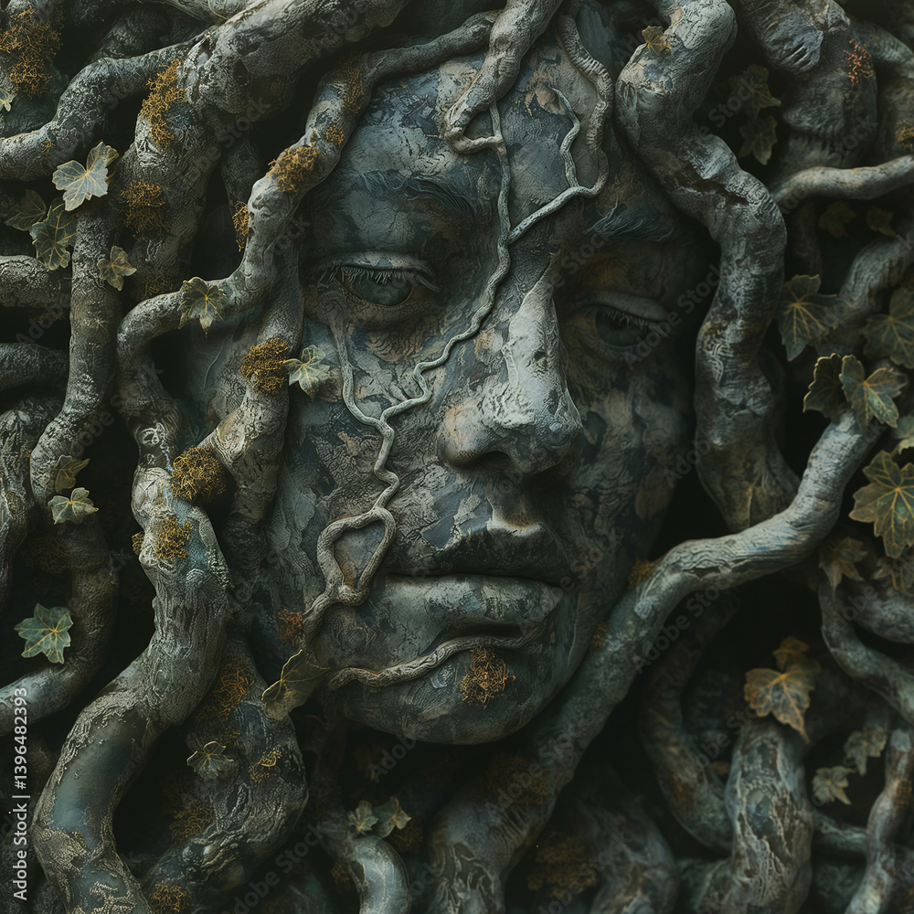 Guardians of the Grove: Ethereal Face Carved in Stone Veiled by Ivy Tendrils. Guardians of the Grove: Ethereal Face Carved in Stone Veiled by Ivy Tendrils.