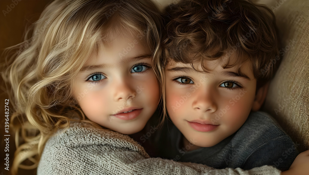 Two children share a warm embrace, showcasing innocence and joy in their expressions, perfect for family-themed content. Two children share a warm embrace, showcasing innocence and joy in their expressions, perfect for family-themed content.