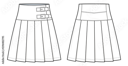 Pleated Short Skirt Technical Fashion Illustration. High-Waist Knee-Length Skirt with Side Buckle Strap Detail Vector Template. Front and Back View. Back Yoke. White Color. CAD Mockup set.