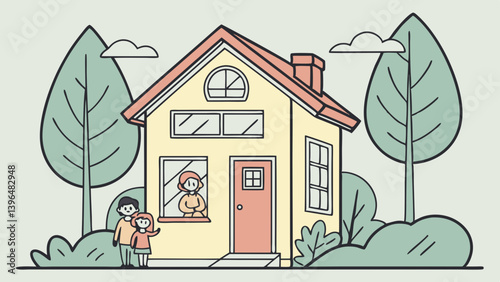 Family care, protection and insurance concept. Wooden dolls family inside a house.  vector illustration
