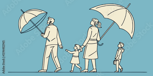 Family insurance coverage concept. Wooden figures with mini umbrella against blue background vector illustration