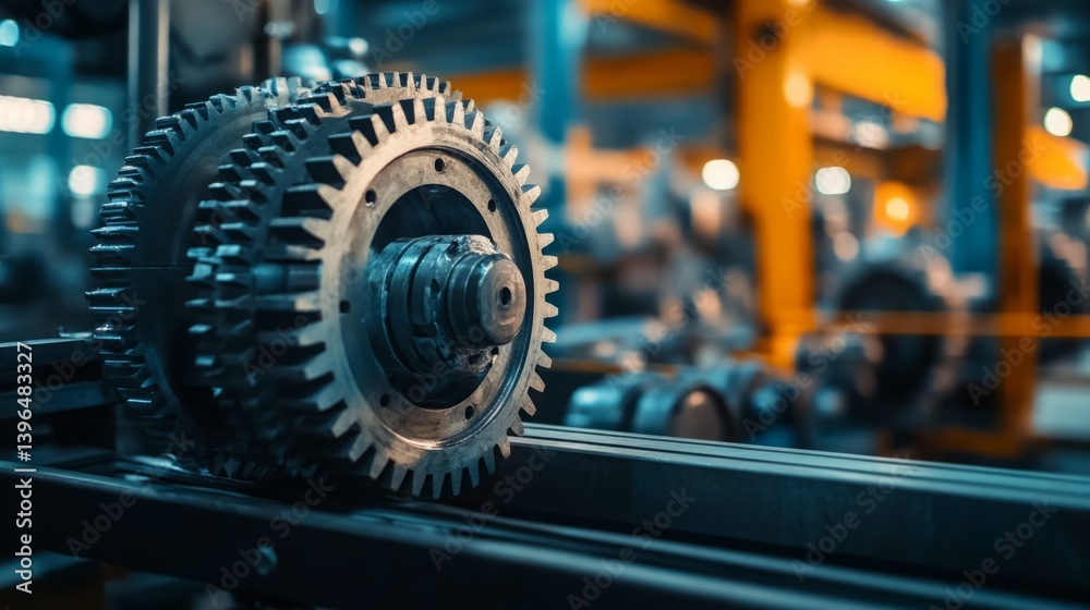 Close-up of intricate industrial gears in a factory setting. Close-up of intricate industrial gears in a factory setting.