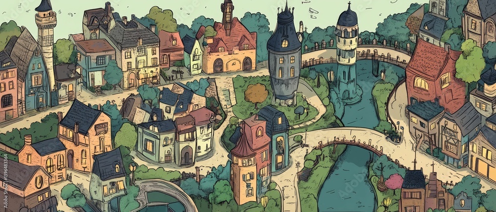 Fototapeta premium Illustration of a village with various buildings trees and a river.