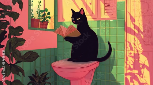 A black cat reads a book on a pink toilet in a sunlit bathroom.