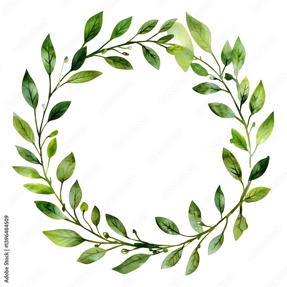 Naklejka premium Watercolor green wreath with eucalyptus leaves and wildflowers, circular frame on transparent background clipart.