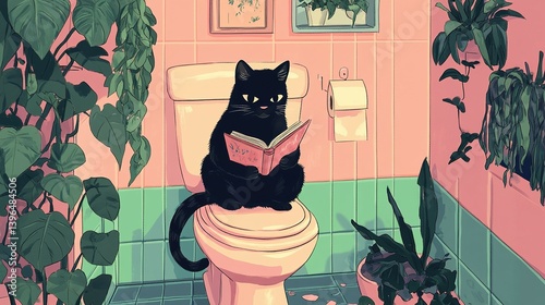 A black cat sits on a toilet, reading a book in a pastel bathroom.
