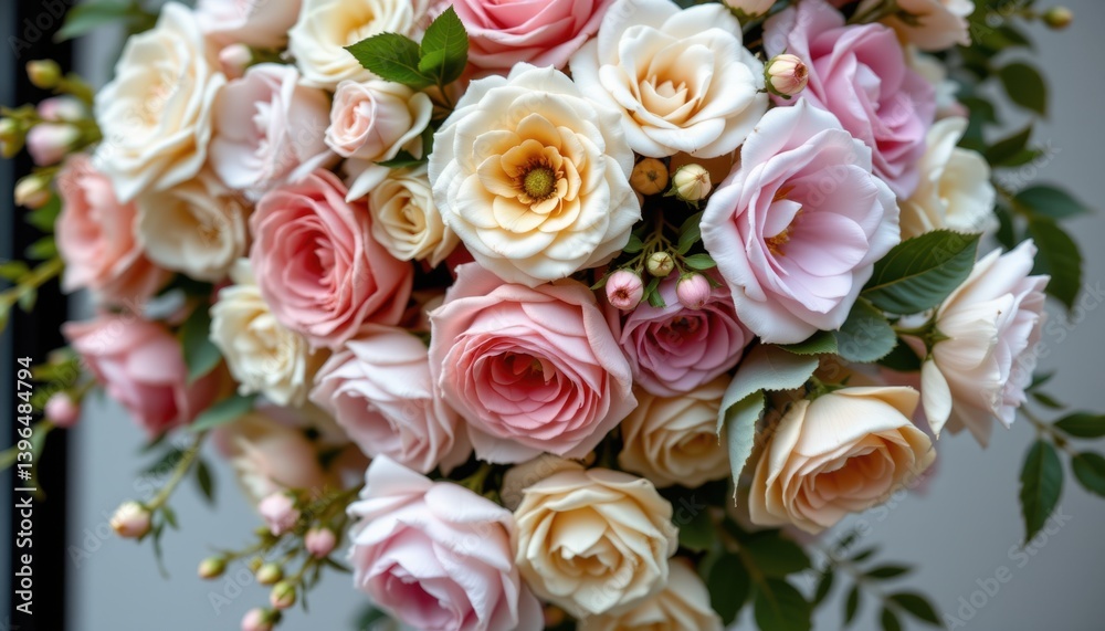 Elegant Floral Cascade A lavish arrangement of cascading flowers, featuring intricate details and soft hues, complemented by delicate leaves.