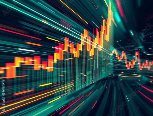 Financial Data Visualization: A dynamic, abstract visualization of financial data with glowing lines and data, perfect for illustrating concepts of investment, market trends, and economic growth.