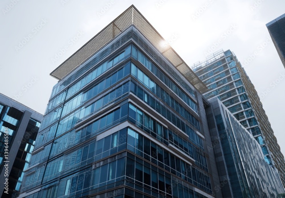 Modern glass office building with reflective windows under a bright sky. Modern glass office building with reflective windows under a bright sky.