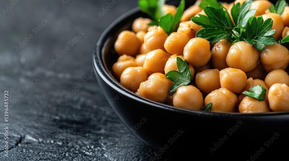 Bowl of cooked chickpeas garnished with fresh parsley Bowl of cooked chickpeas garnished with fresh parsley
