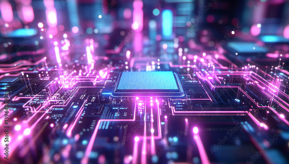 Fototapeta premium vibrant abstract futuristic chip on circuit board, illuminated with glowing pink and blue lights, creates captivating technological scene