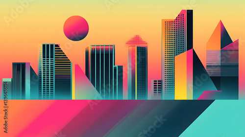 A vibrant, stylized cityscape at sunset. photo
