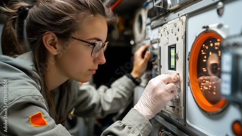 A Young Female Scientist Skillfully Operating Advanced Space Equipment for Innovative Research and Discoveries
