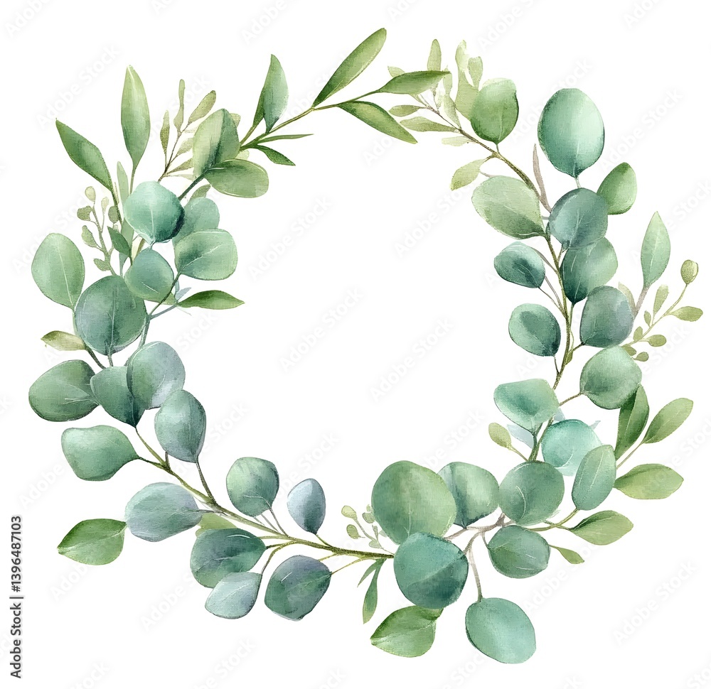 Fototapeta premium Watercolor silver eucalyptus wreath, simple clipart, tender green colors on a white background, clean edges and smooth lines, 