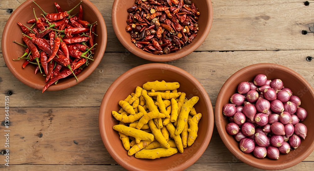 Assortment of Spices and Vegetables in Bowls on Wooden Surface Assortment of Spices and Vegetables in Bowls on Wooden Surface