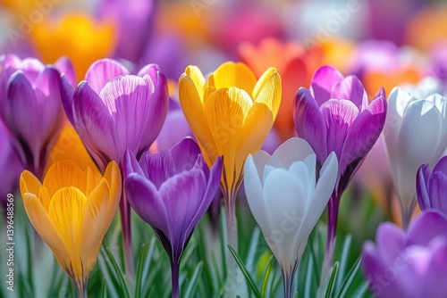 Vibrant Crocus Blooms: A colorful burst of spring flowers in yellow purple and white