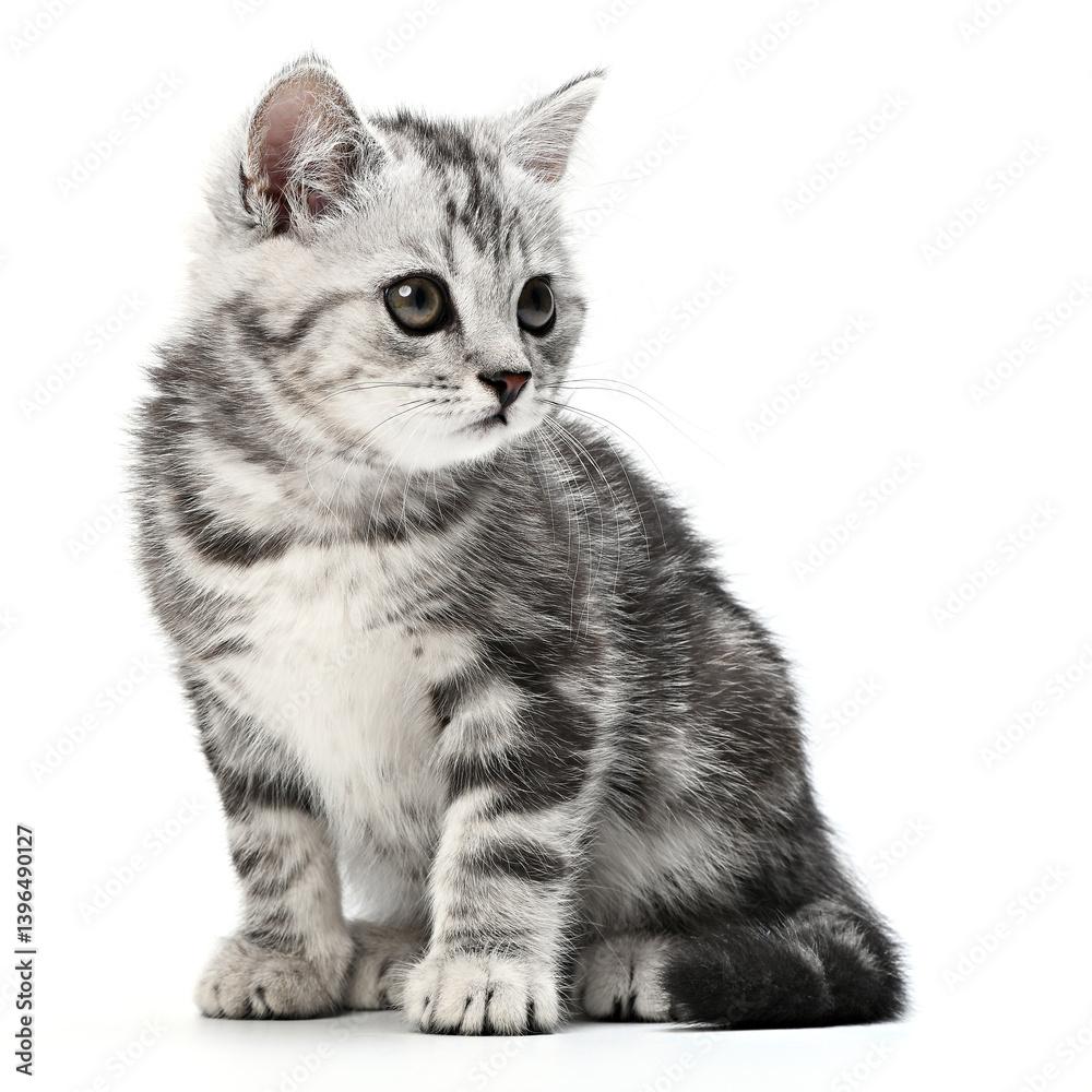 Obraz premium Beautiful tabby gray kitten, sitting isolated on white background. Striped British shorthair small baby cat sitting posing front view, looks to right of camera. Cute portrait animal Pet Studio shot