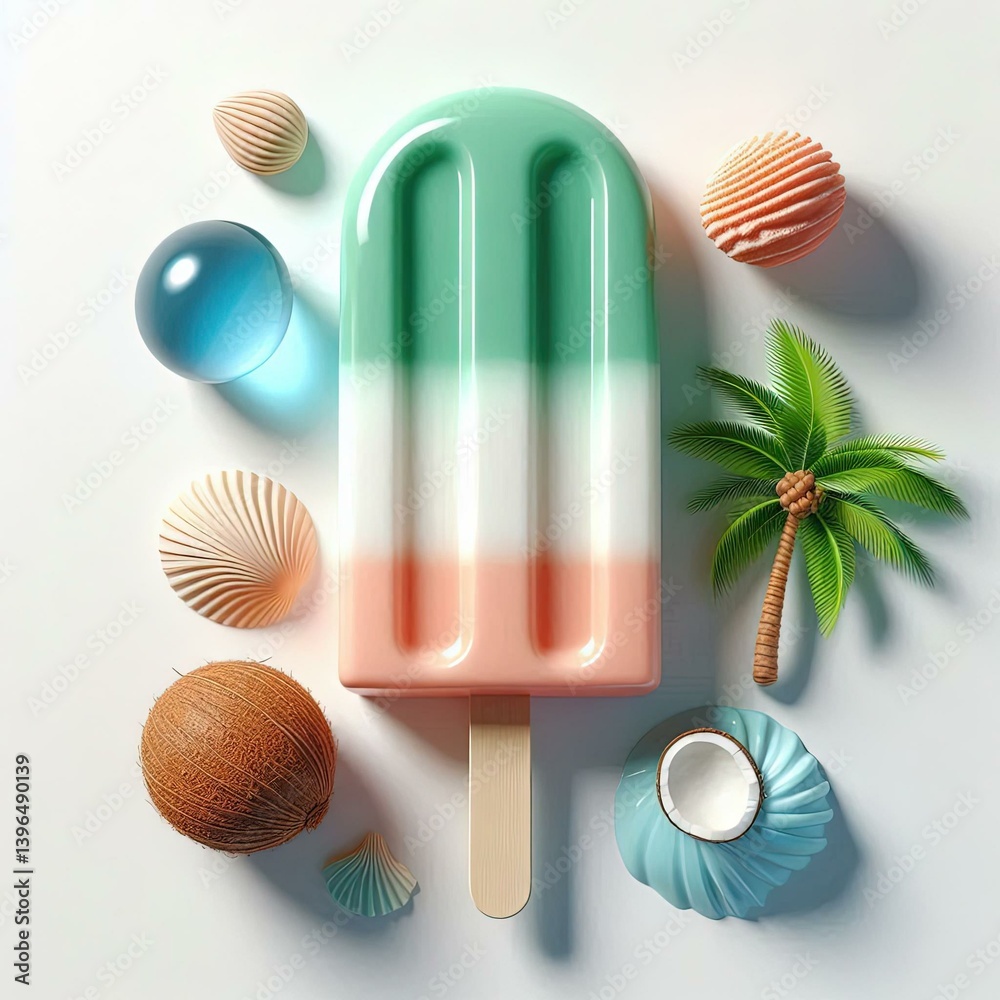 Fototapeta premium Realistic Beach Popsicle with Sun and Sea Tones on White Background