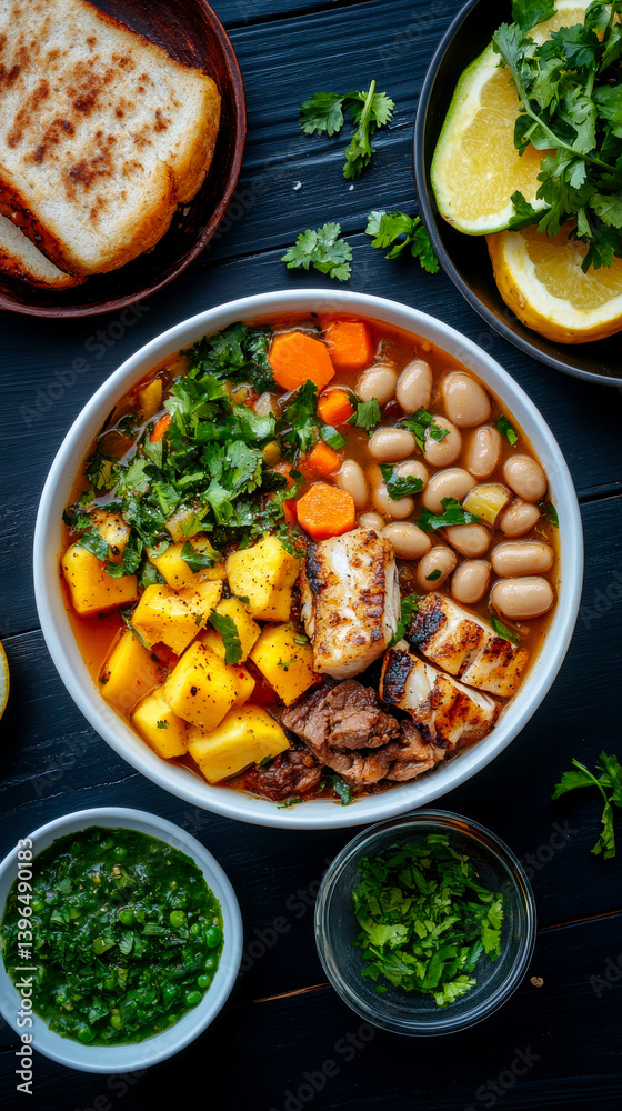 A vibrant bowl of hearty soup with beans, vegetables, and herbs, accompanied by bread and garnishes, showcasing a colorful and nutritious meal. A vibrant bowl of hearty soup with beans, vegetables, and herbs, accompanied by bread and garnishes, showcasing a colorful and nutritious meal.
