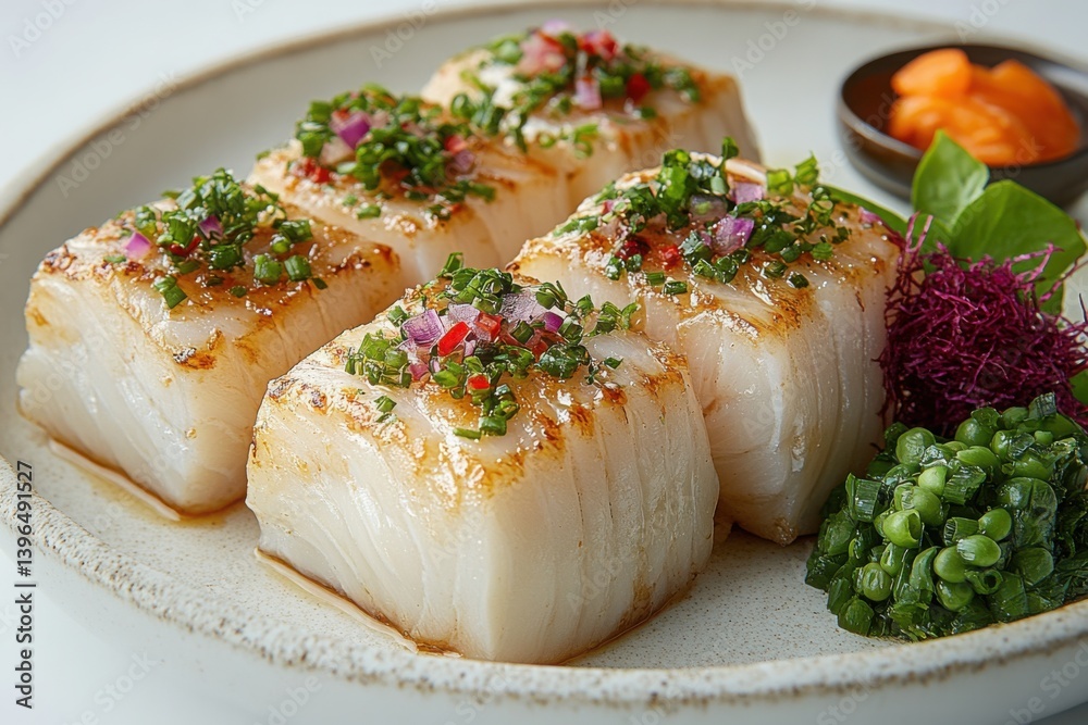 Perfectly seared fish squares elegantly plated and garnished with fresh herbs Perfectly seared fish squares elegantly plated and garnished with fresh herbs