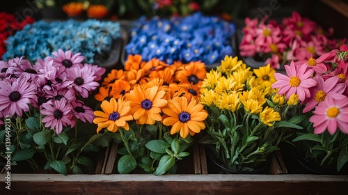 Close-up view of various colorful flowers in full bloom, showcasing a vibrant display of nature's beauty. Vibrant Blooms: A Colorful Array of Flowers in Full Bloom