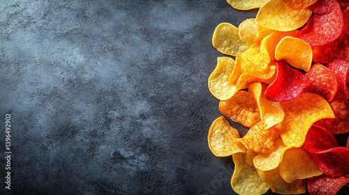 A vibrant pile of colorful potato chips in various natural shades symbolizes diversity, creativity, and the fusion of tradition with modern organic vegetable-based snacking innovation.

