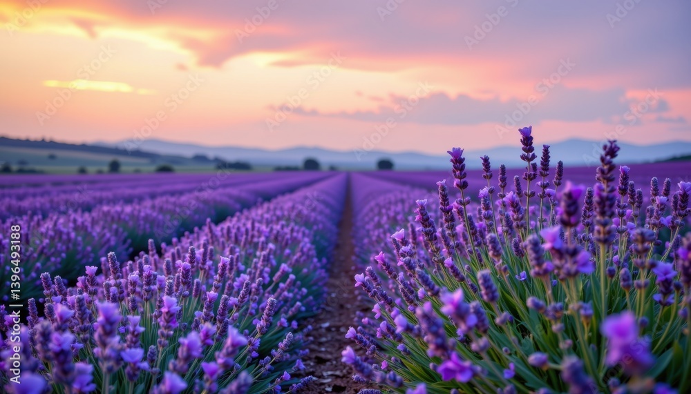 Fototapeta premium Lavender Fields A dreamy field of lavender flowers stretching towards the horizon, blending into soft, hazy colors of the sky.