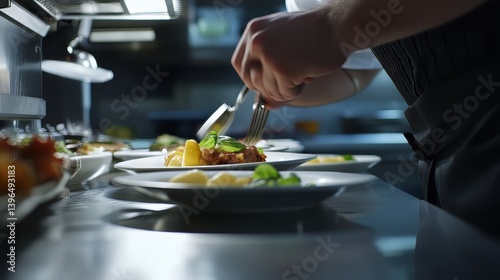 Culinary expert plating cuisine with precision utensils; a showcase of artistry and gastronomic excellence.