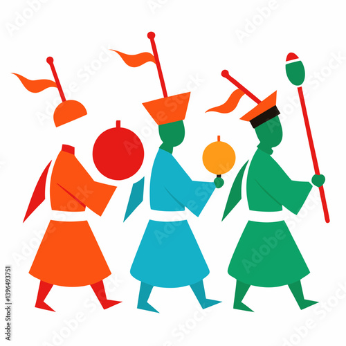 Graphic of a Seollal parade with traditional musical instruments