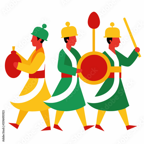 Graphic of a Seollal parade with traditional musical instruments