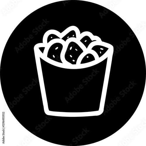 A simple, elegant illustration of chicken nuggets in a bucket against black circle
