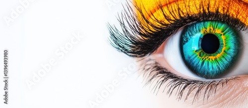 Intricate Eye Close-up with Vivid Color Gradient and Long Lashes on White