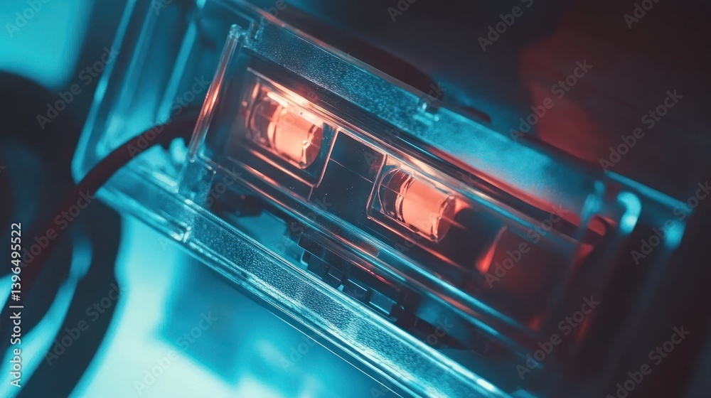 Obraz premium Retro Cassette Tape in Neon Light: A Close-Up View of a Transparent Cassette Tape Illuminated by Vibrant Neon Colors, Evoking a Sense of Nostalgia and Retro Aesthetics.