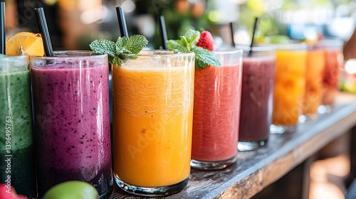 Assortment of colorful smoothies in glasses, showcasing various fruits and flavors. Perfect for a healthy and refreshing summer treat. Vibrant Tropical Flavors of Refreshing Smoothies