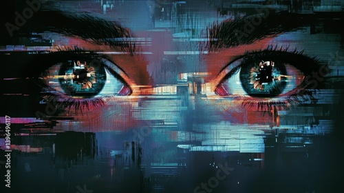 Close-up of human eyes with digital glitch effect and blue tones.