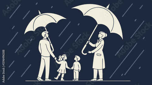 Family insurance coverage concept. Wooden figures with mini umbrella against navy blue background vector illustration