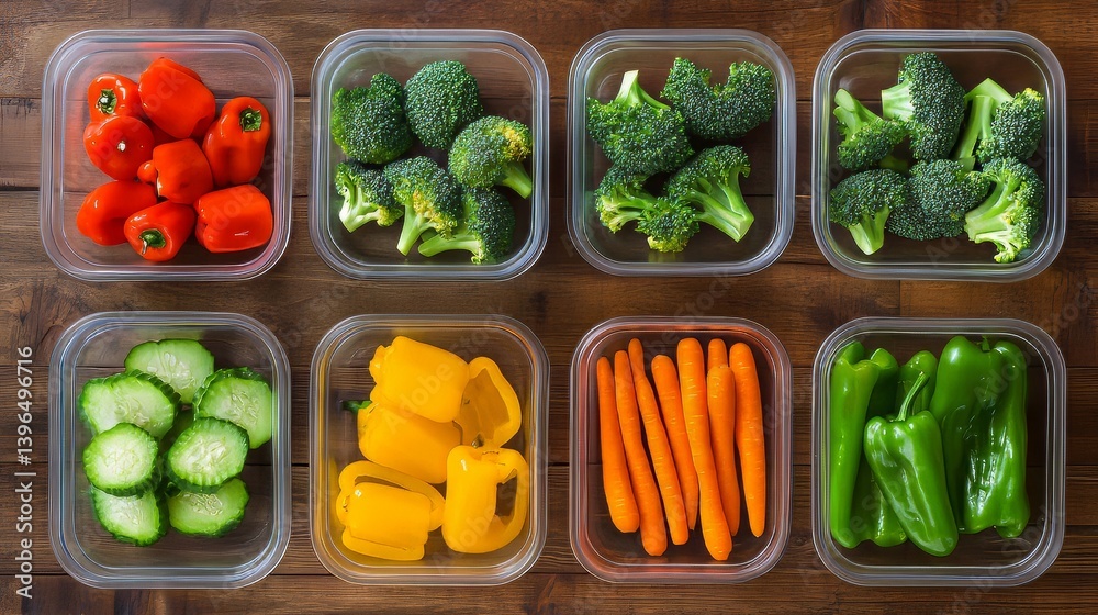 Fresh vegetables arranged in containers for easy storage on a wooden table ready for preparation.