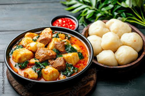 A vibrant dish featuring meat and dumplings in a rich sauce, accompanied by a side of soft dumplings and a spicy dip.