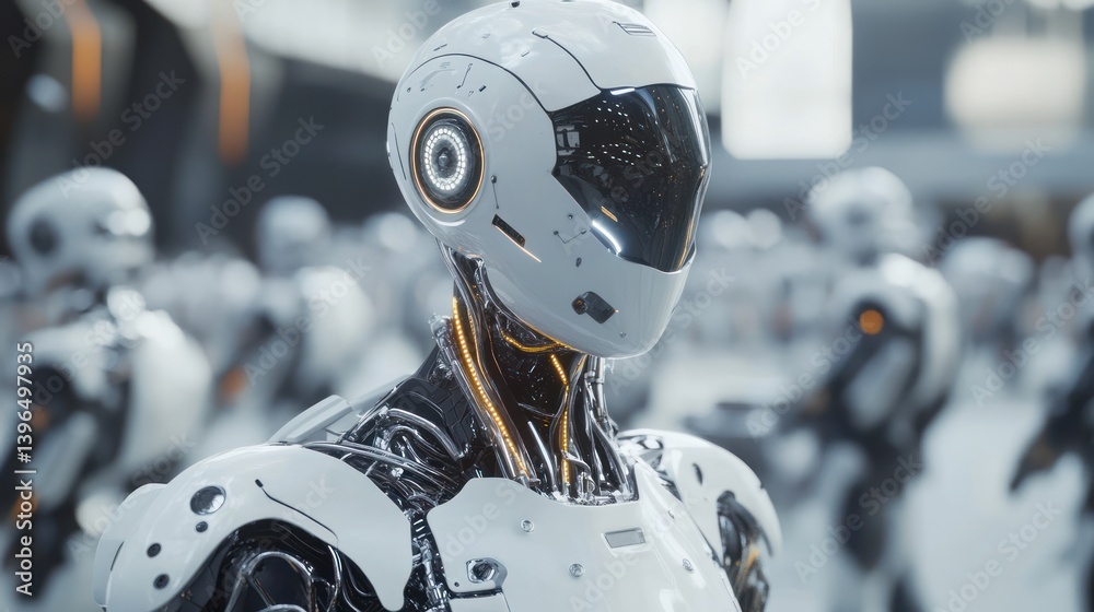 Futuristic assembly: A production line of advanced humanoid robots in a sterile factory Futuristic assembly: A production line of advanced humanoid robots in a sterile factory