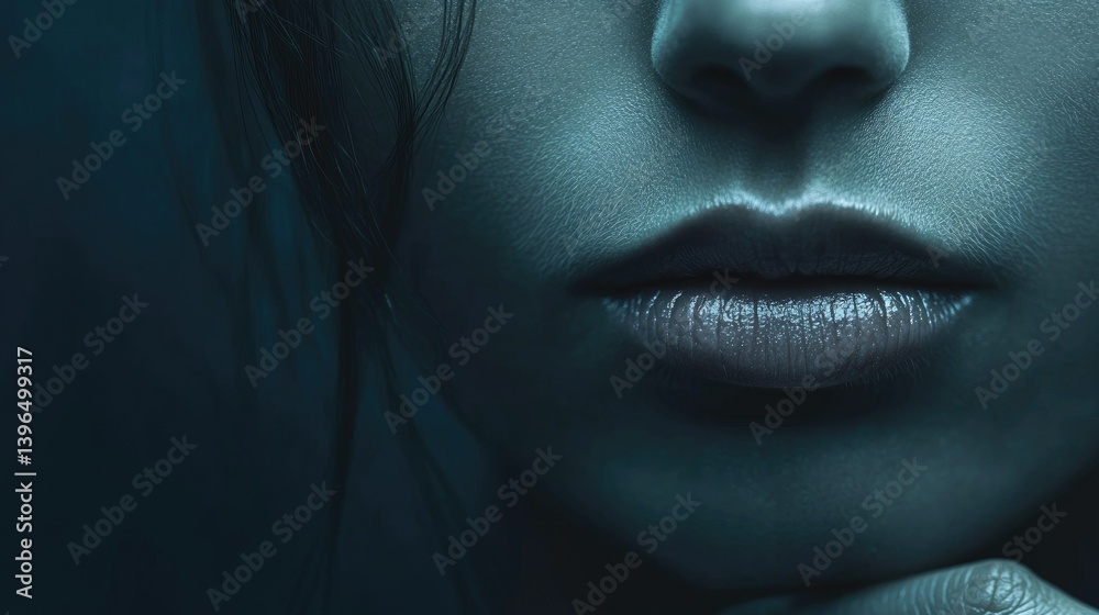 Woman's Lips Closeup with Dramatic Lighting Focusing on Facial Expression